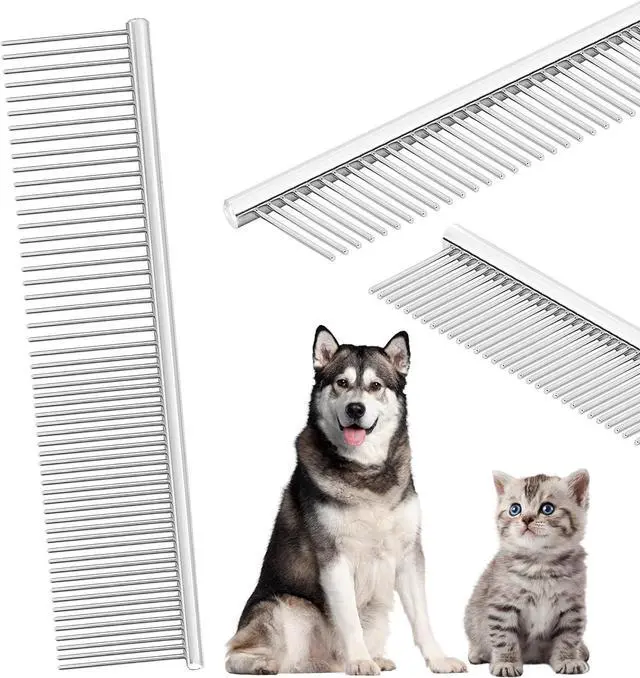 Main image of Pet Grooming Comb with Rounded Ends Stainless Steel Teeth for Dogs & Cats,Wide & Dense Teeth for Removing Tangles, Knots,Undercoat,Flea,Face,Chin,Tear Stain,Excess Hair,Metal Dematting Tool Pet Gift