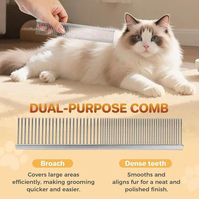 Alt view image 2 of 7 - Pet Grooming Comb with Rounded Ends Stainless Steel Teeth for Dogs & Cats,Wide & Dense Teeth for Removing Tangles, Knots,Undercoat,Flea,Face,Chin,Tear Stain,Excess Hair,Metal Dematting Tool Pet Gift