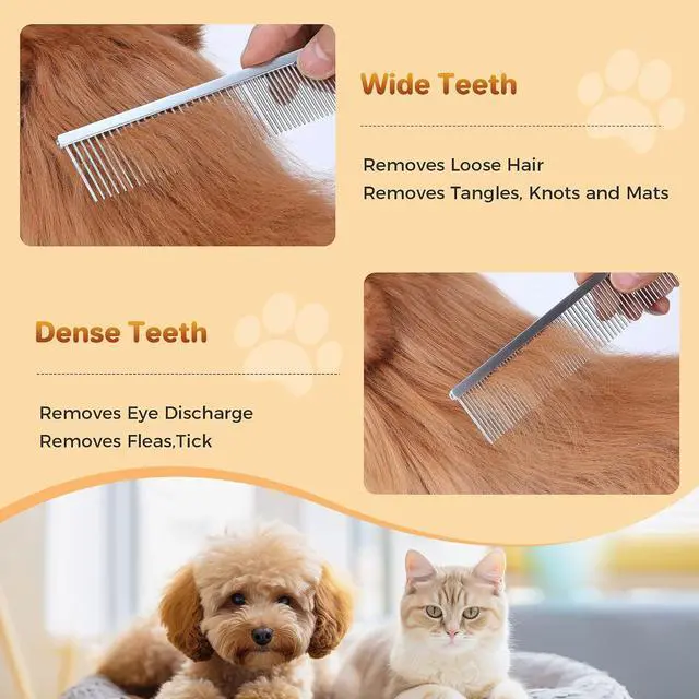 Alt view image 4 of 7 - Pet Grooming Comb with Rounded Ends Stainless Steel Teeth for Dogs & Cats,Wide & Dense Teeth for Removing Tangles, Knots,Undercoat,Flea,Face,Chin,Tear Stain,Excess Hair,Metal Dematting Tool Pet Gift