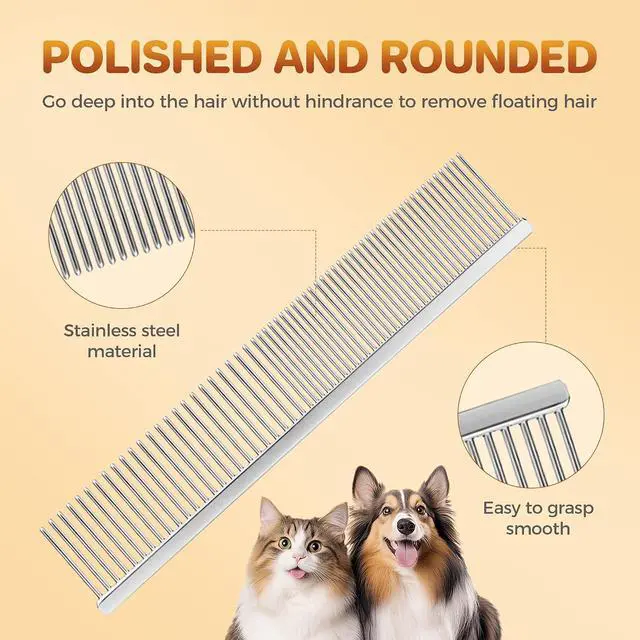 Alt view image 3 of 7 - Pet Grooming Comb with Rounded Ends Stainless Steel Teeth for Dogs & Cats,Wide & Dense Teeth for Removing Tangles, Knots,Undercoat,Flea,Face,Chin,Tear Stain,Excess Hair,Metal Dematting Tool Pet Gift