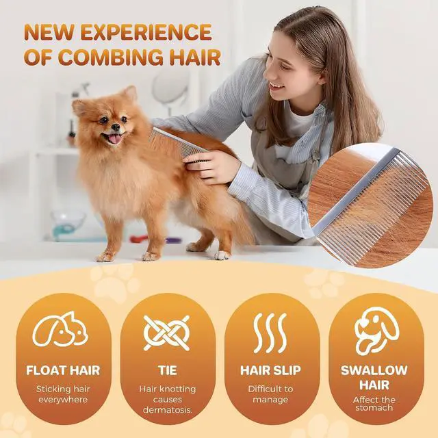 Alt view image 5 of 7 - Pet Grooming Comb with Rounded Ends Stainless Steel Teeth for Dogs & Cats,Wide & Dense Teeth for Removing Tangles, Knots,Undercoat,Flea,Face,Chin,Tear Stain,Excess Hair,Metal Dematting Tool Pet Gift