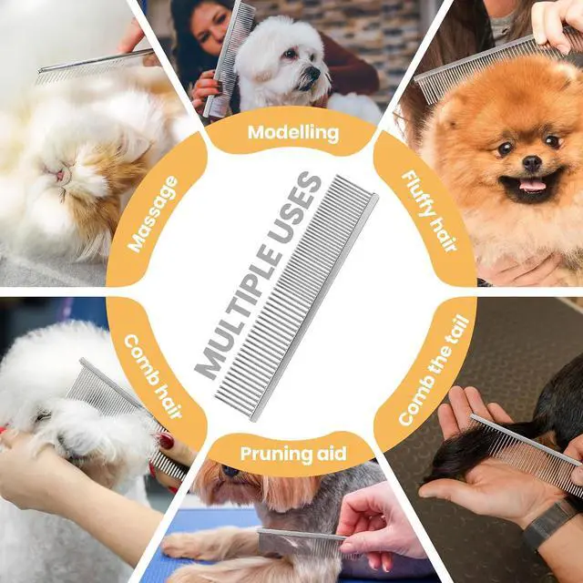 Alt view image 7 of 7 - Pet Grooming Comb with Rounded Ends Stainless Steel Teeth for Dogs & Cats,Wide & Dense Teeth for Removing Tangles, Knots,Undercoat,Flea,Face,Chin,Tear Stain,Excess Hair,Metal Dematting Tool Pet Gift