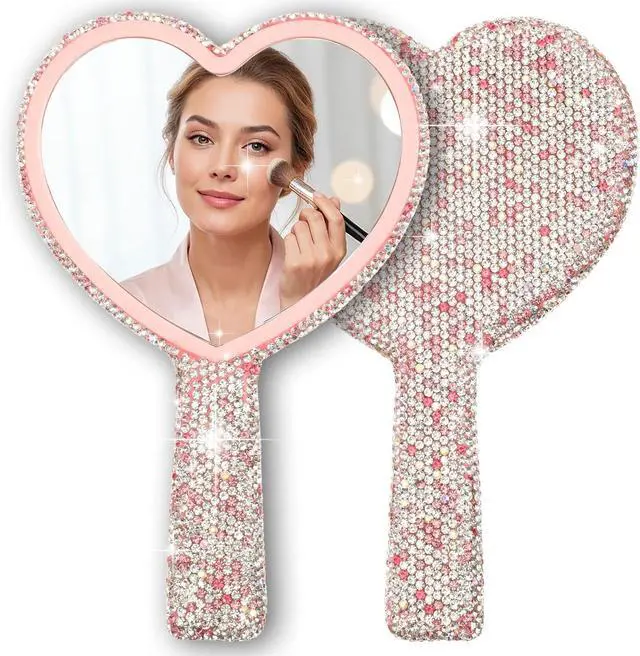 Main image of Mabor Rhinestone Handheld Mirror, Pink | Portable Lash & Makeup Mirror with Handle for Travel and Daily Use