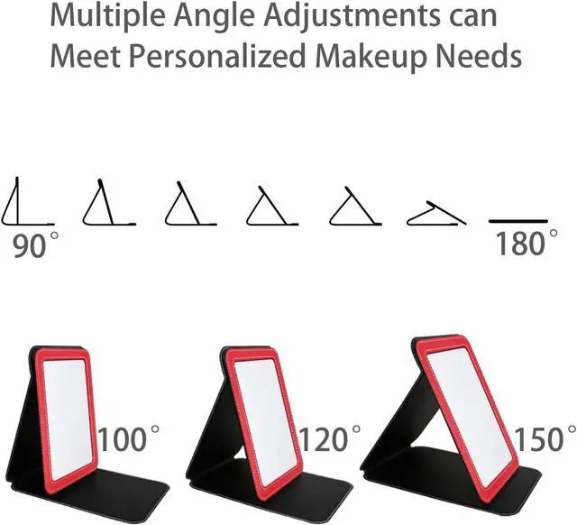 Alt view image 4 of 7 - Travel Mirror for Desk, 6.5×8.9 Adjustable Rectangle PU Edge Covering Red Foldable Desk Mirror with Stand for Travel Camping Home (Red)