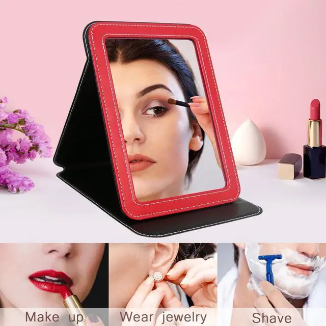 Alt view image 6 of 7 - Travel Mirror for Desk, 6.5×8.9 Adjustable Rectangle PU Edge Covering Red Foldable Desk Mirror with Stand for Travel Camping Home (Red)
