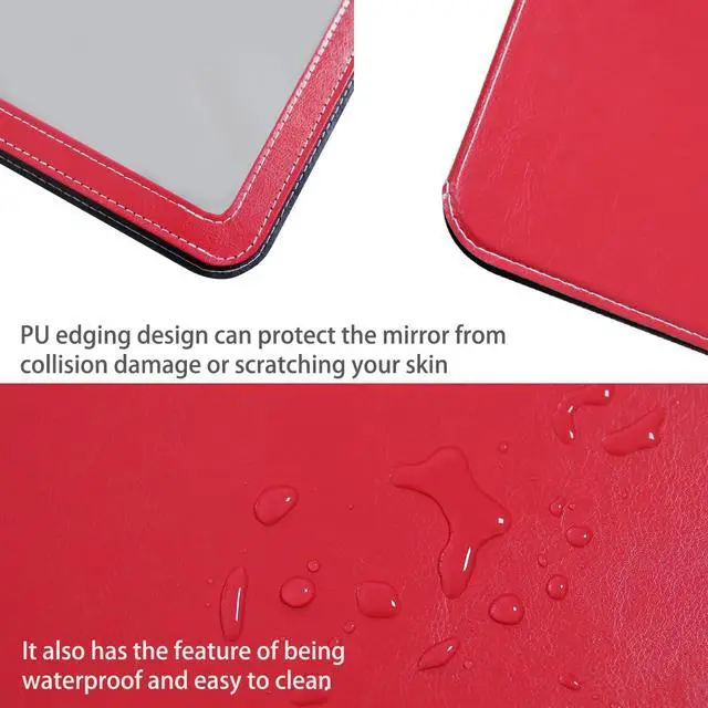 Alt view image 5 of 7 - Travel Mirror for Desk, 6.5×8.9 Adjustable Rectangle PU Edge Covering Red Foldable Desk Mirror with Stand for Travel Camping Home (Red)
