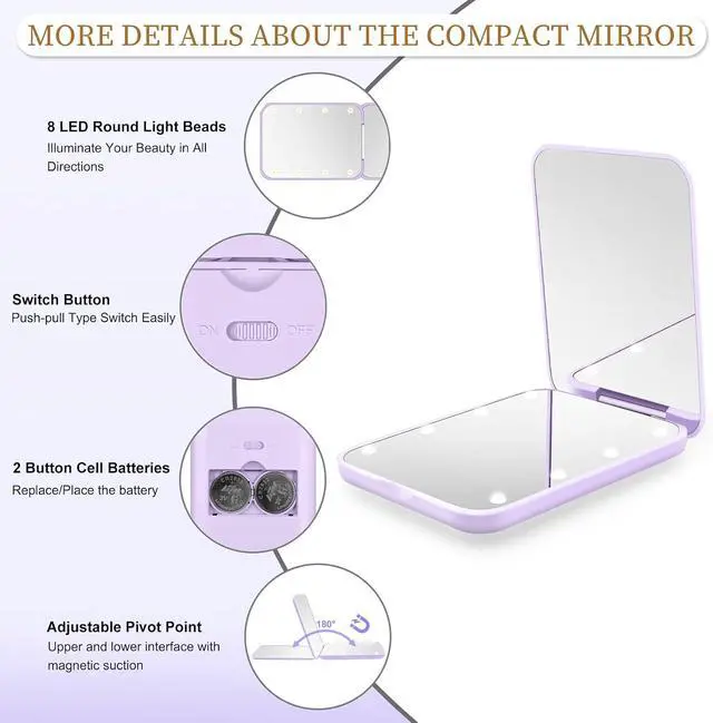Alt view image 3 of 7 - Compact Mirror with Light, 1X/3X Magnification LED Pocket Mirror for Women | Portable, Travel, Purse, Pocket, Gift, purole, mini, small, essentials, led, fiberglass, batteries, rectangular