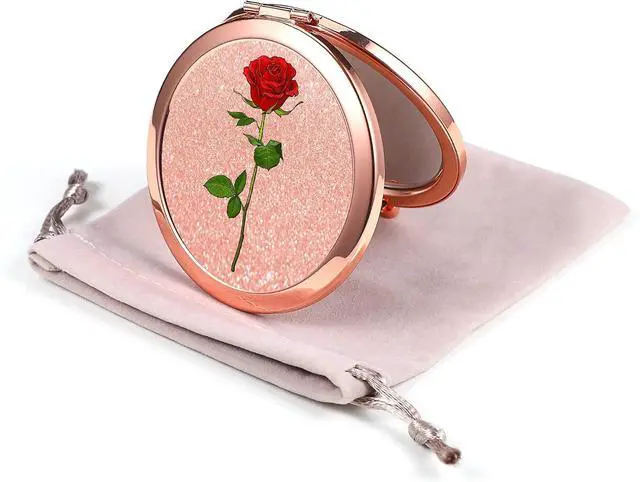Main image of Compact Mirror Rose Gold Makeup Mirror Folding Mini Pocket Mirror Portable Hand Mirror Double-Sided 2 x 1x Magnification for Woman Girls A-Red Rose