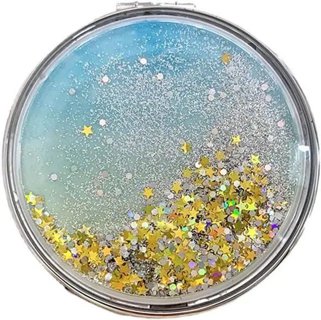 Main image of HSYHERE Super Beautiful Dreamy Star Sky Quicksand Moving Sand Small Mini Mirror Double-Sided Portable Compact Round Glitter Foldable Fashion Hand Makeup Portable Travel Pocket Mirror -Yellow