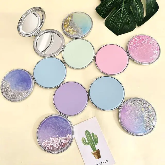 Alt view image 2 of 7 - HSYHERE Super Beautiful Dreamy Star Sky Quicksand Moving Sand Small Mini Mirror Double-Sided Portable Compact Round Glitter Foldable Fashion Hand Makeup Portable Travel Pocket Mirror -Yellow