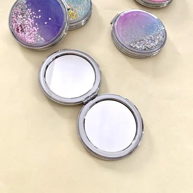 Alt view image 7 of 7 - HSYHERE Super Beautiful Dreamy Star Sky Quicksand Moving Sand Small Mini Mirror Double-Sided Portable Compact Round Glitter Foldable Fashion Hand Makeup Portable Travel Pocket Mirror -Yellow