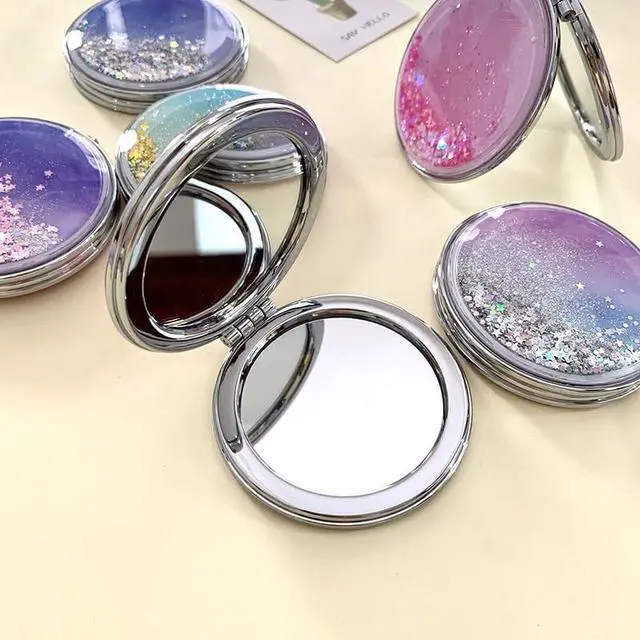Alt view image 6 of 7 - HSYHERE Super Beautiful Dreamy Star Sky Quicksand Moving Sand Small Mini Mirror Double-Sided Portable Compact Round Glitter Foldable Fashion Hand Makeup Portable Travel Pocket Mirror -Yellow