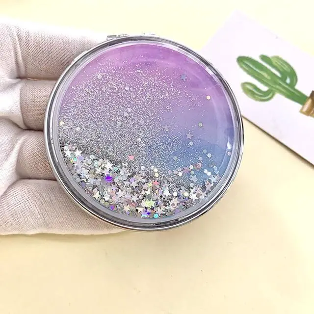 Alt view image 5 of 7 - HSYHERE Super Beautiful Dreamy Star Sky Quicksand Moving Sand Small Mini Mirror Double-Sided Portable Compact Round Glitter Foldable Fashion Hand Makeup Portable Travel Pocket Mirror -Yellow