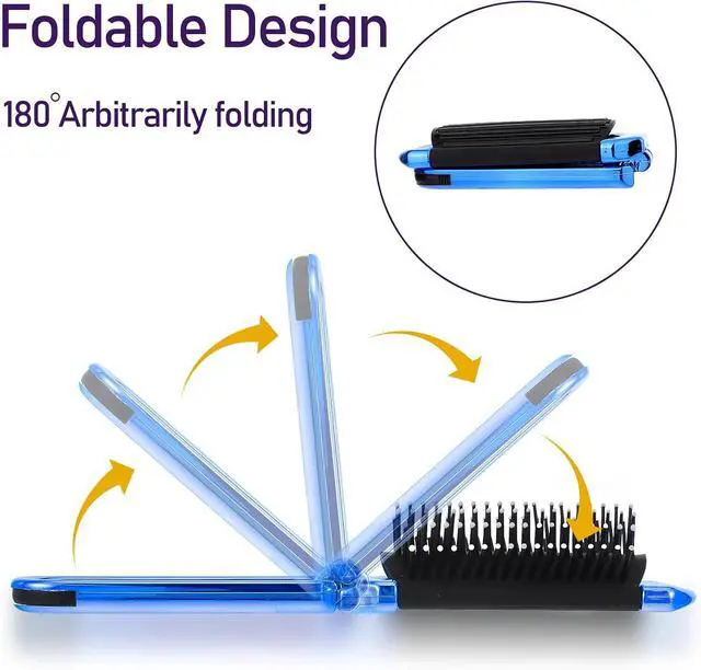 Alt view image 2 of 7 - Travel Folding Hair Brush, Small Foldable Hairbrush Compact Hair Brush with Mirror and Round Tip Nylon Bristles for Women and Men, Portable Pocket Size Comb for Car Gym Bag Purse (Electroplating Blue)
