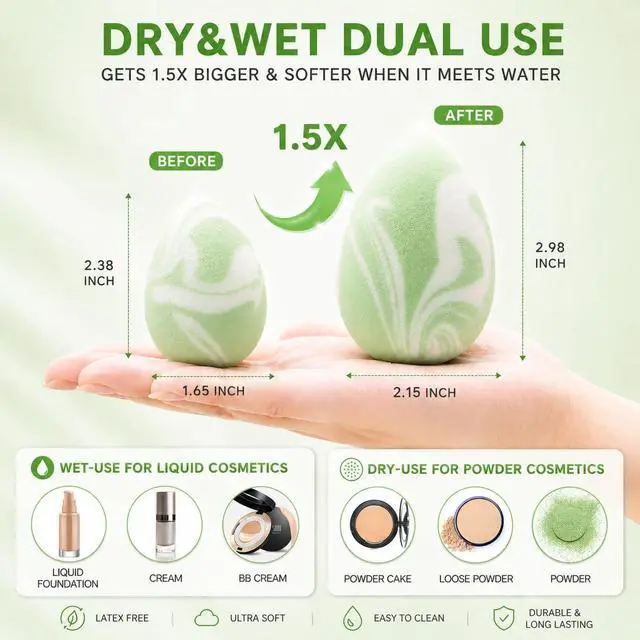 Alt view image 3 of 7 - Makeup Sponge Set Foundation Blending Beauty Sponge with Case and Holder, Latex Free, Super Soft, Dry & Wet Use, Absorbs Minimal, Multi Colored 4 Pcs (Matcha Latte)