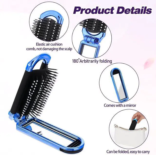 Alt view image 3 of 7 - Travel Folding Hair Brush, Small Foldable Hairbrush Compact Hair Brush with Mirror and Round Tip Nylon Bristles for Women and Men, Portable Pocket Size Comb for Car Gym Bag Purse (Electroplating Blue)