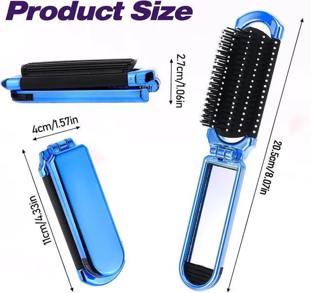 Alt view image 4 of 7 - Travel Folding Hair Brush, Small Foldable Hairbrush Compact Hair Brush with Mirror and Round Tip Nylon Bristles for Women and Men, Portable Pocket Size Comb for Car Gym Bag Purse (Electroplating Blue)