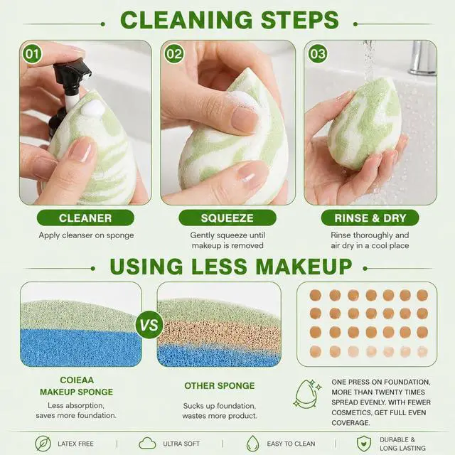 Alt view image 5 of 7 - Makeup Sponge Set Foundation Blending Beauty Sponge with Case and Holder, Latex Free, Super Soft, Dry & Wet Use, Absorbs Minimal, Multi Colored 4 Pcs (Matcha Latte)