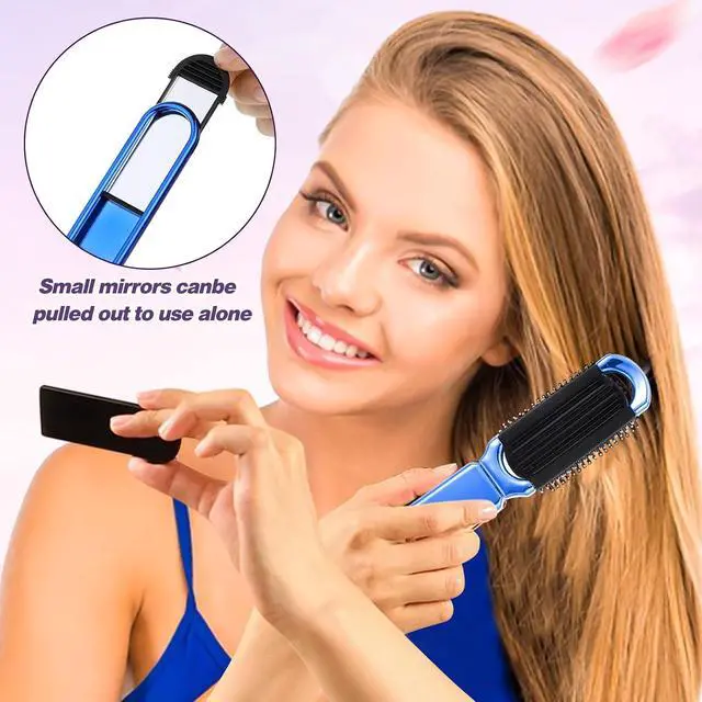 Alt view image 5 of 7 - Travel Folding Hair Brush, Small Foldable Hairbrush Compact Hair Brush with Mirror and Round Tip Nylon Bristles for Women and Men, Portable Pocket Size Comb for Car Gym Bag Purse (Electroplating Blue)