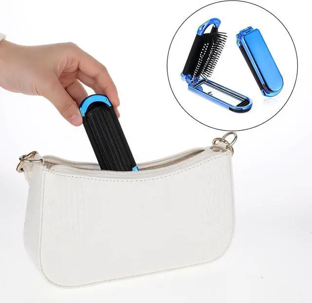 Alt view image 6 of 7 - Travel Folding Hair Brush, Small Foldable Hairbrush Compact Hair Brush with Mirror and Round Tip Nylon Bristles for Women and Men, Portable Pocket Size Comb for Car Gym Bag Purse (Electroplating Blue)