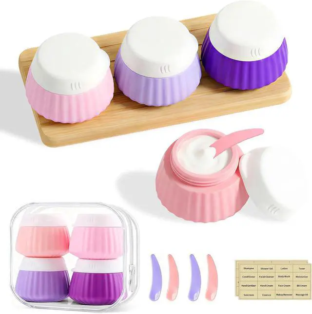 Main image of 4 Pack Silicone Travel Cream Containers, Refillable Toiletry Jars | Leak Proof Design, Comes with Scoops, Labels & Clear Bag, Perfect for Travel Shampoo, Conditioner and Skincare Toiletries
