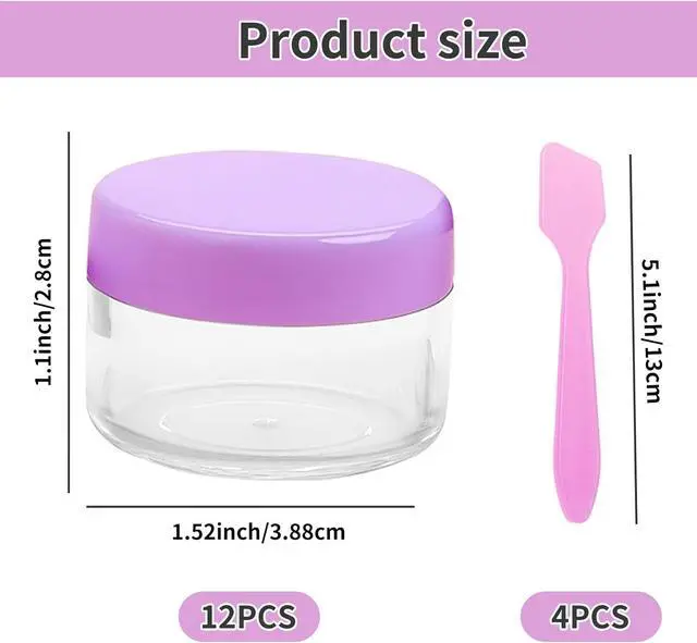 Alt view image 6 of 7 - 12 Pcs 15ml/0.5oz Small Travel Containers, 4 Pcs Makeup Spatula, Clear Plastic Cosmetic Jar Refillable Roun for Lotion Cream Products Sample Bottles, Plastic with Screw on Lid Container (purple)