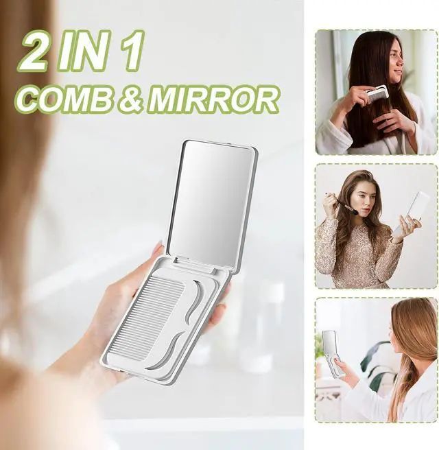 Alt view image 2 of 7 - Protable Folding Mirror with Case, Compact Travel Mirror with Hair Comb for Purse Bag, Small Pocket Makeup Mirror for Women Girls,Easy to Carry(White)