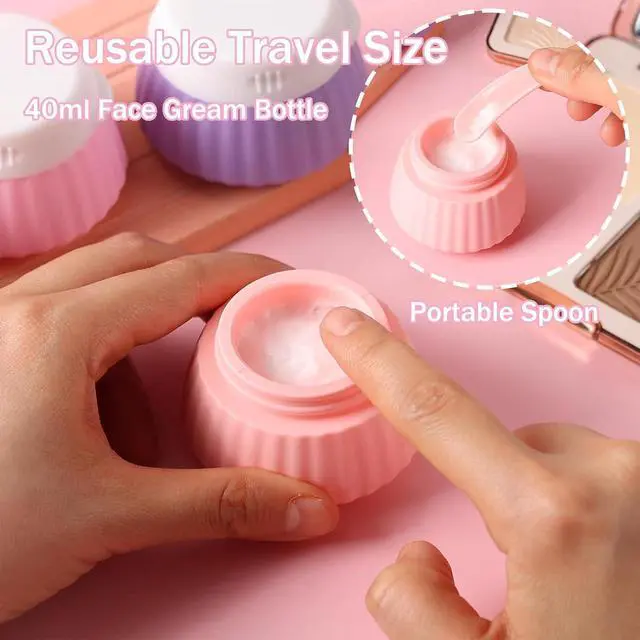 Alt view image 5 of 7 - 4 Pack Silicone Travel Cream Containers, Refillable Toiletry Jars | Leak Proof Design, Comes with Scoops, Labels & Clear Bag, Perfect for Travel Shampoo, Conditioner and Skincare Toiletries
