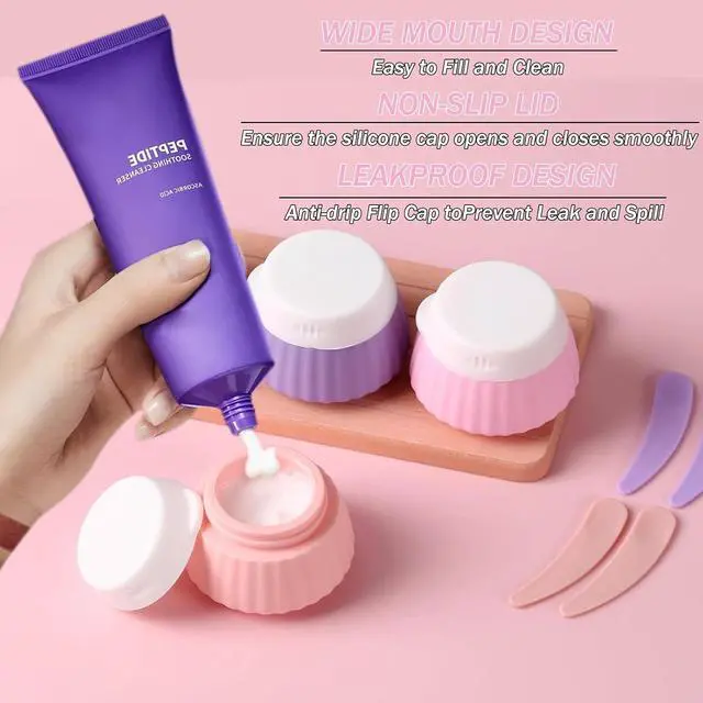 Alt view image 4 of 7 - 4 Pack Silicone Travel Cream Containers, Refillable Toiletry Jars | Leak Proof Design, Comes with Scoops, Labels & Clear Bag, Perfect for Travel Shampoo, Conditioner and Skincare Toiletries