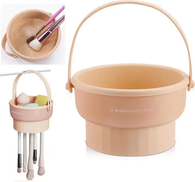 Main image of Makeup Brush Cleaner Mat 3 in 1 Make Up Brush Cleaning Bowl (Khaki) | Silicone Makeup Brush Cleaner Bowl Washing Tool for Makeup Brush, Sponge and Power Puff