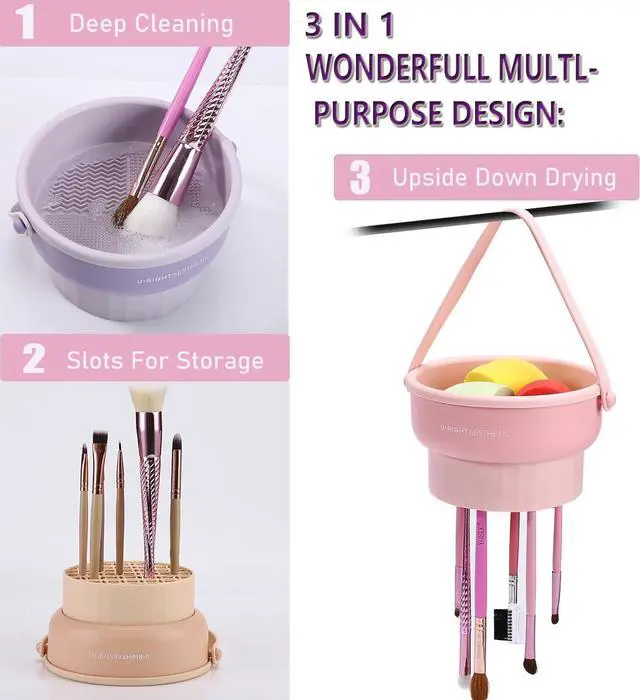 Alt view image 2 of 7 - Makeup Brush Cleaner Mat 3 in 1 Make Up Brush Cleaning Bowl(Purple) | Silicone Makeup Brush Cleaner Bowl Washing Tool for Makeup Brush, Sponge and Power Puff