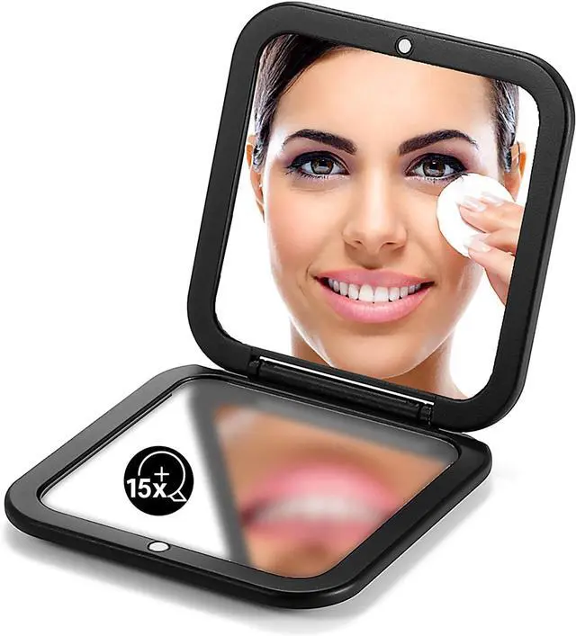Main image of OMIRO Compact Mirror with 15X Magnification, 3.5 Small Mirror for Purse | Travel Mirror, Pocket Mirror for WomenMen, Purse Accessories, Square, Black