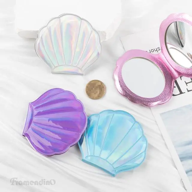 Alt view image 3 of 7 - Framendino, 4 Pack Portable Glitter Shell Shape Mirror Foldable Travel Makeup Cute Double-Sided Magnification Small Compact Seashell Mini Handhold for Women