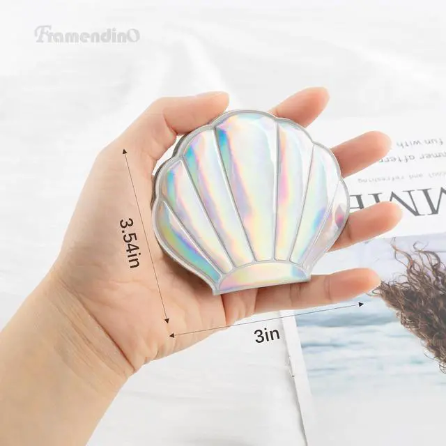 Alt view image 4 of 7 - Framendino, 4 Pack Portable Glitter Shell Shape Mirror Foldable Travel Makeup Cute Double-Sided Magnification Small Compact Seashell Mini Handhold for Women