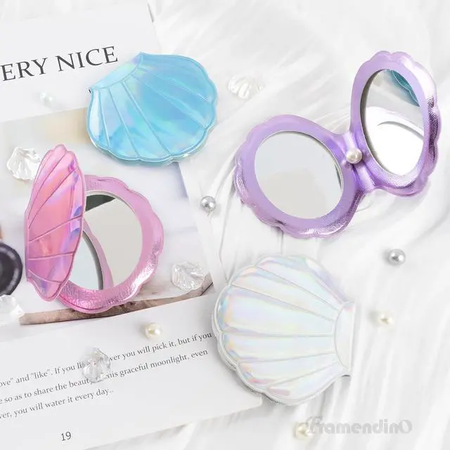 Alt view image 7 of 7 - Framendino, 4 Pack Portable Glitter Shell Shape Mirror Foldable Travel Makeup Cute Double-Sided Magnification Small Compact Seashell Mini Handhold for Women