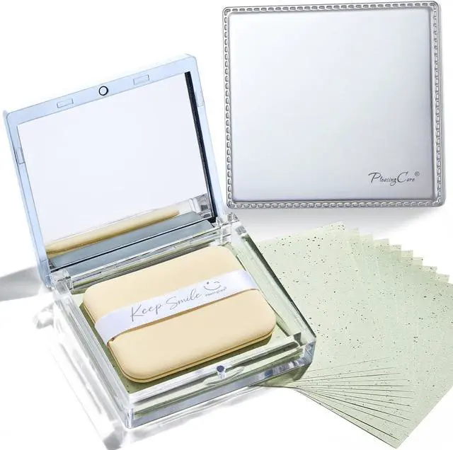 Main image of Makeup Mirror with Green-Tea Oil Blotting Sheets and Puff, 100 Count Facial Blotting Paper, Portable Compact for Purse, Travel and On-the-Go Touch-Ups