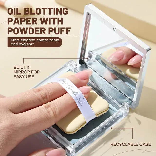 Alt view image 3 of 7 - Makeup Mirror with Green-Tea Oil Blotting Sheets and Puff, 100 Count Facial Blotting Paper, Portable Compact for Purse, Travel and On-the-Go Touch-Ups