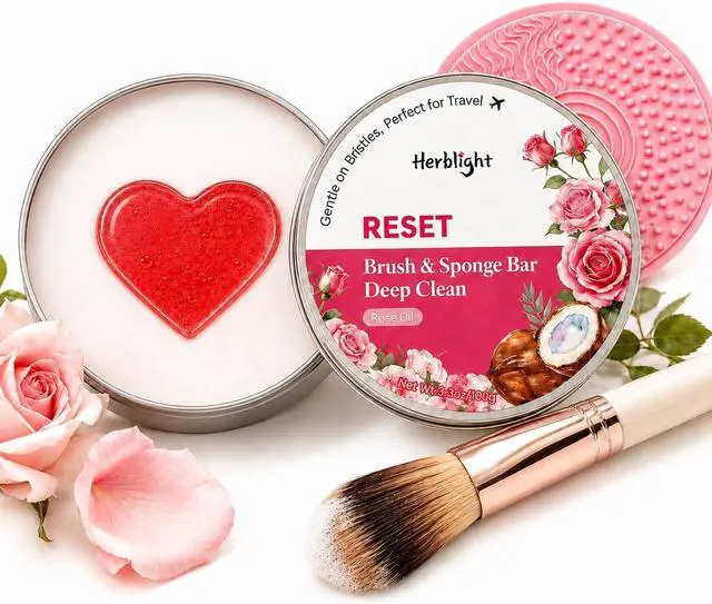 Main image of Makeup Brush Cleaner Soap, Rose Oil Solid Bar | Heart-Shaped Solid Cleanser for Makeup Brushes & Sponges with Silicone Cleaning Pad, Rose Oil Formula, Travel Friendly