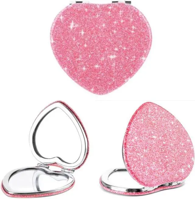 Main image of Cute Heart Shaped Compact Mirror for Women,Magnifying Travel Mirror with Glitter,Pink Small Pocket Mirror,Portable 2 x 1x Magnification Folding Makeup Mirror,Cosmetic Mirror for Gift
