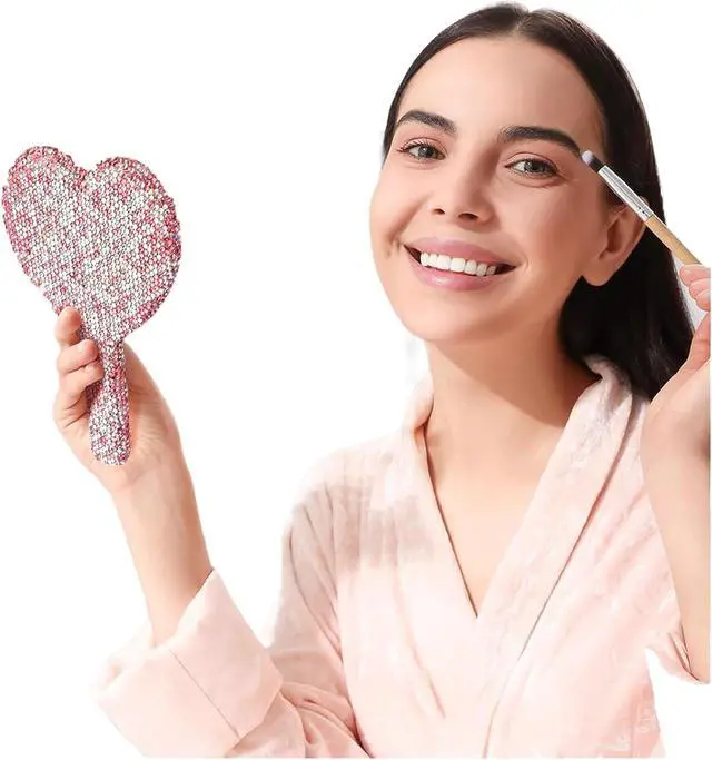 Alt view image 2 of 7 - Large Rhinestone Handheld Mirror Heart Bling Glitter Cosmetic Dazzling Portable Hand Mirrors with Handle for Women Wedding Silver White (Pink)