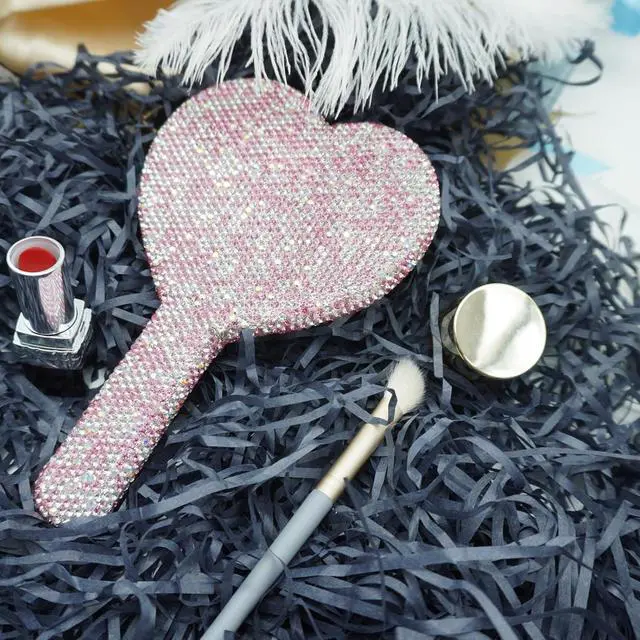 Alt view image 5 of 7 - Large Rhinestone Handheld Mirror Heart Bling Glitter Cosmetic Dazzling Portable Hand Mirrors with Handle for Women Wedding Silver White (Pink)