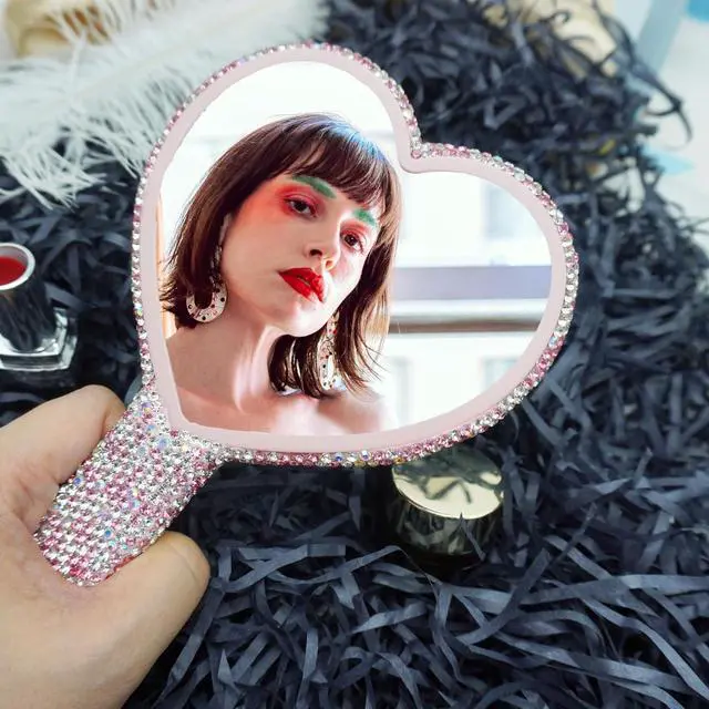 Alt view image 4 of 7 - Large Rhinestone Handheld Mirror Heart Bling Glitter Cosmetic Dazzling Portable Hand Mirrors with Handle for Women Wedding Silver White (Pink)