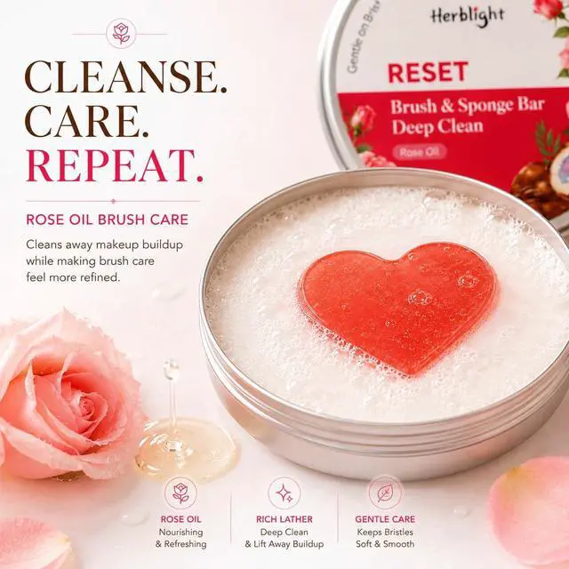 Alt view image 4 of 7 - Makeup Brush Cleaner Soap, Rose Oil Solid Bar | Heart-Shaped Solid Cleanser for Makeup Brushes & Sponges with Silicone Cleaning Pad, Rose Oil Formula, Travel Friendly