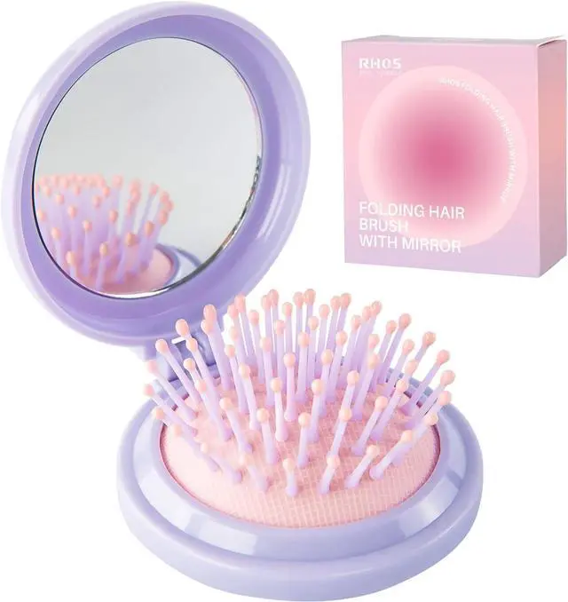 Main image of RHOS Hair Brush with Mirror for Women, Girls - Compact Folding Brush with Soft Nylon Bristles and Mirror - Portable Hair Brush for Travel (Purple)
