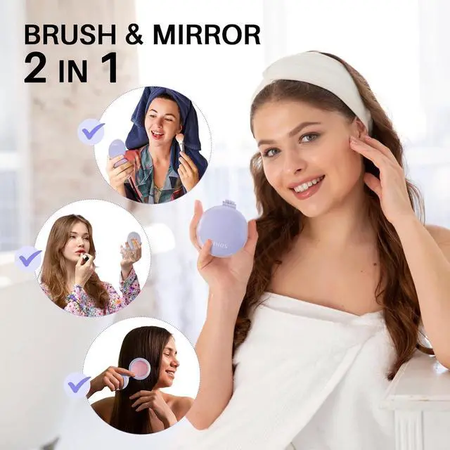 Alt view image 2 of 7 - RHOS Hair Brush with Mirror for Women, Girls - Compact Folding Brush with Soft Nylon Bristles and Mirror - Portable Hair Brush for Travel (Purple)