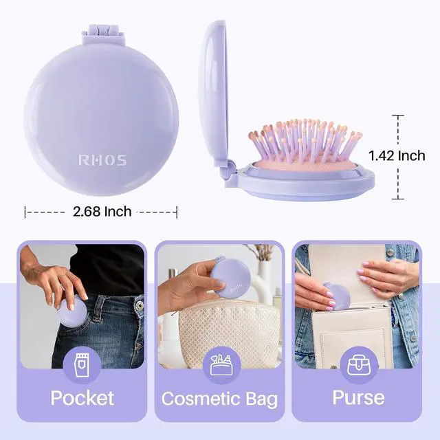 Alt view image 3 of 7 - RHOS Hair Brush with Mirror for Women, Girls - Compact Folding Brush with Soft Nylon Bristles and Mirror - Portable Hair Brush for Travel (Purple)