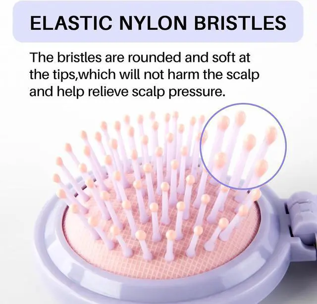 Alt view image 4 of 7 - RHOS Hair Brush with Mirror for Women, Girls - Compact Folding Brush with Soft Nylon Bristles and Mirror - Portable Hair Brush for Travel (Purple)