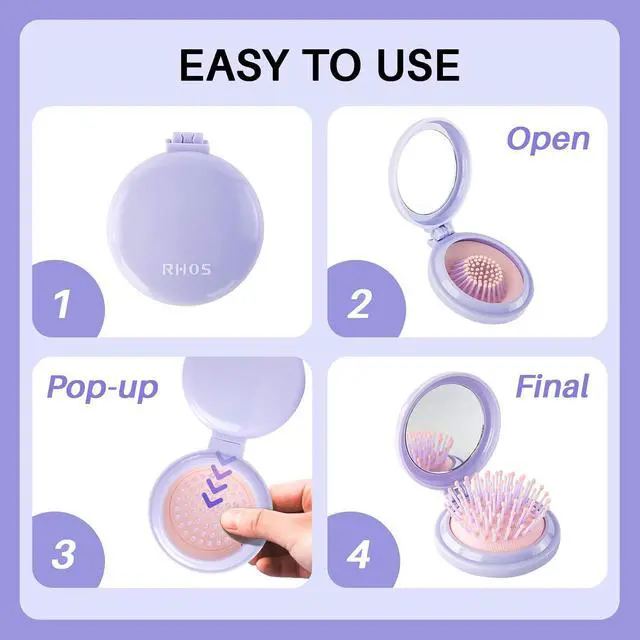 Alt view image 5 of 7 - RHOS Hair Brush with Mirror for Women, Girls - Compact Folding Brush with Soft Nylon Bristles and Mirror - Portable Hair Brush for Travel (Purple)