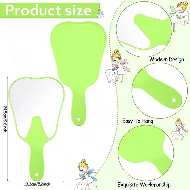 Alt view image 2 of 5 - Jetec 2 Pieces Tooth Shaped Handheld Mirror Cute Makeup Mirror Hand Held Plastic Dental Mirrors with Handle Cosmetic Hand Mirror Back to School for Women Men Gifts(Green, White)