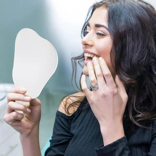 Alt view image 4 of 5 - Jetec 2 Pieces Tooth Shaped Handheld Mirror Cute Makeup Mirror Hand Held Plastic Dental Mirrors with Handle Cosmetic Hand Mirror Back to School for Women Men Gifts(Green, White)